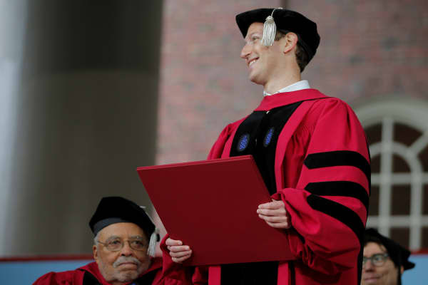 Facebook founder Mark Zuckerberg holds his honorary Doctor of Laws degree during the 366th Commencement Exercises at Harvard University in Cambridge, Massachusetts, U.S., May 25, 2017.