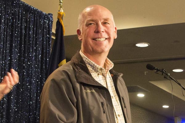 Republican Greg Gianforte speaks to supporters after being declared the winner at a election night party for Montana's special House election against Democrat Rob Quist at the Hilton Garden Inn on May 25, 2017 in Bozeman, Montana.