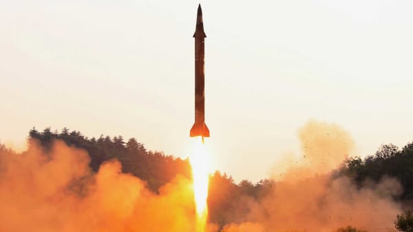 A ballistic rocket is test-fired through a precision control guidance system in this undated photo released by North Korea's Korean Central News Agency (KCNA) May 30, 2017.