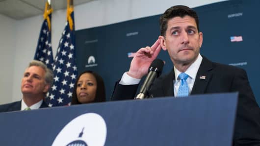 Speaker of the House Paul Ryan, R-Wis., conducts a news conference after a meeting of the House Republican Conference in the Capitol on June 7, 2017. House Majority Leader Kevin McCarthy, R-Calif., and Rep. Mia Love, R-Utah., also appear.