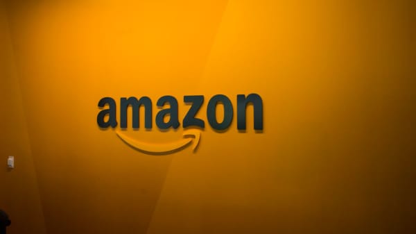 An Amazon logo is seen inside the Amazon corporate headquarters on June 16, 2017 in Seattle, Washington.