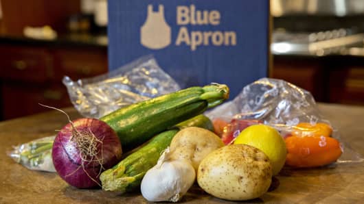 Vegetables from a Blue Apron meal-kit delivery are arranged for a photograph in Tiskilwa, Illinois.