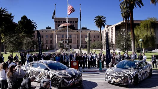 Lucid Motors director of manufacturing, Brian Barron, speaking at the Arizona State Capitol about plans to build a $700 million electric vehicle manufacturing plant.