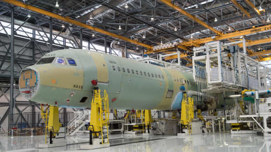 The fuselage of an Airbus A321 in Airbus' first US manufacturing facility in Mobile, Alabama. Airbus plans to assemble 40-50 of its single-aisle A-320 family every year beginning in 2018 from the plant, built on the site of a World War II bomber support base.