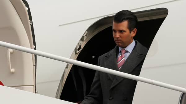 Donald Trump Jr. arrives ahead of the inauguration with his father aboard a U.S. Air Force jet at Joint Base Andrews, Maryland, U.S. January 19, 2017.