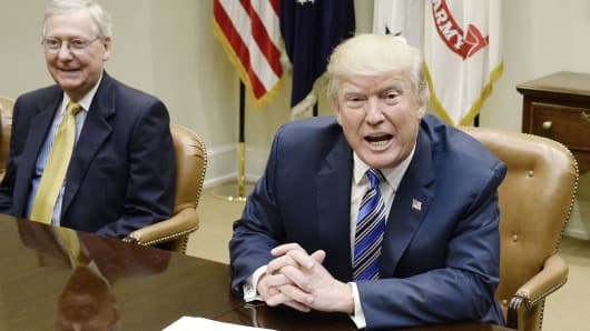 President Donald Trump speaks as Senate Majority Leader Mitch McConnell (R-Ky.) smiles in the Roosevelt Room at the White House.