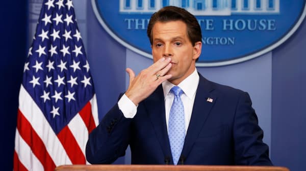 Anthony Scaramucci blows a kiss to reporters at the White House on July 21, 2017.