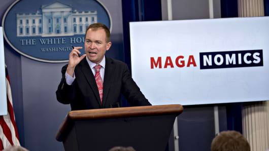 Mick Mulvaney, director of the Office of Management and Budget (OMB), speaks during a White House press briefing in Washington, D.C., U.S., on Thursday, July 20, 2017.
