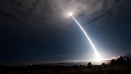 An unarmed Minuteman III intercontinental ballistic missile launches during an operational test at 2:10 a.m.