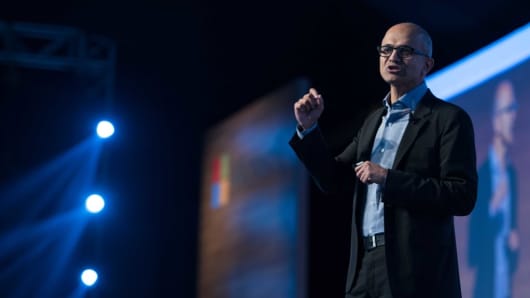 Microsoft CEO Satya Nadella delivers his keynotes at the company’s flagship technology and business conference -- Future Decoded 2017 in Mumbai, India.