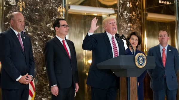 President Donald Trump delivers remarks following a meeting on infrastructure at Trump Tower, August 15, 2017 in New York City.