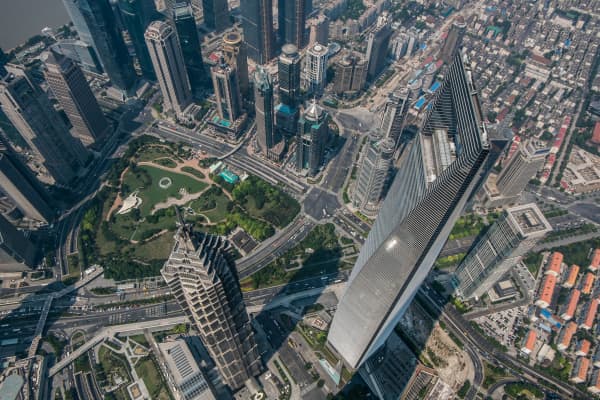 The view from the top of Shanghai's skyscraper shows Jin Mao Tower (left) and Shanghai World Financial Centre (right) on November 11, 2015 in Shanghai, China.