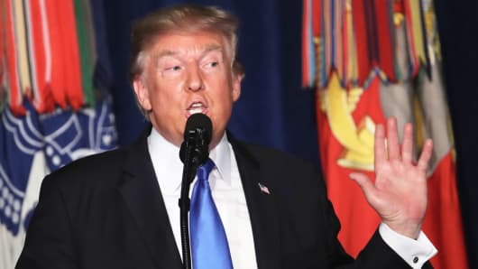President Donald Trump delivers remarks on Americas military involvement in Afghanistan at the Fort Myer military base on August 21, 2017 in Arlington, Virginia.