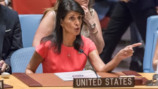 U.S. Ambassador to the UN Nikki Haley is seen during the Security Council meeting.