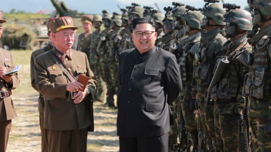 North Korean leader Kim Jong-un guides a target-striking contest of the special operation forces of the Korean People's Army to occupy islands in Pyongyang on Aug. 25, 2017.
