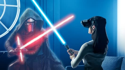 The "Star Wars: Jedi Challenges" game requires players to wear the Lenovo Mirage augmented reality (AR) headset. While wearing this, the game will be overlaid onto the real world, allowing players to battle enemies with the Lightsaber controller that comes with the game.