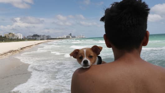 Erick Amador and his dog, Barry, check out the beach as people prepare for the arrival of Hurricane Irma on September 8, 2017 in Miami Beach, Florida.