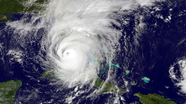 In this NOAA-NASA GOES Project handout image, GOES satellite shows Hurricane Irma as it makes landfall on the Florida coast on Sept. 10th, 2017.