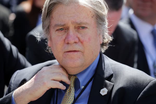 Former White House Chief Strategist Steve Bannon attends a ceremony at the White House April 10, 2017 in Washington, DC.
