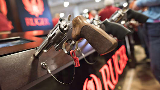 A revolver sits on display in the Sturm, Ruger & Co., Inc. booth on the exhibition floor of the 144th National Rifle Association (NRA) Annual Meetings and Exhibits.