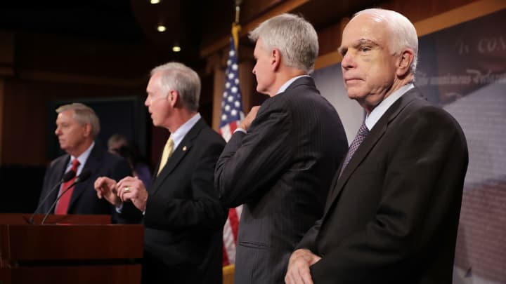 (L-R) Sen. Lindsey Graham (R-SC), Sen. Ron Johnson (R-WI), Sen. Bill Cassidy (R-LA) and Sen. John McCain (R-AZ).