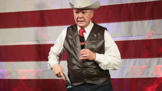 Republican candidate for the U.S. Senate in Alabama, Roy Moore, displays a pistol to express his support for Second Amendment as he speaks at a campaign rally on September 25, 2017 in Fairhope, Alabama.