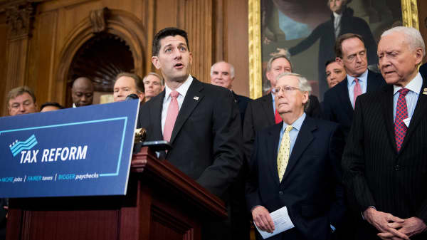 From left, Speaker of the House Paul Ryan, R-Wisc.; Senate Finance Committee chairman Orrin Hatch, R-Utah; and Senate Majority Leader Mitch McConnell, R-Ky., unveil the GOP tax reform plan on Capitol Hill on Wednesday, Sept. 27, 2017.