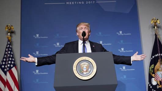 President Donald Trump gives a speech on tax reform at the Heritage Foundation's President's Club Meeting at a hotel in Washington, DC, on October 17, 2017.