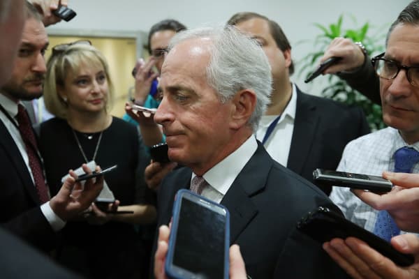 Sen. Bob Corker (R-TN) speaks to reporters in the Senate subway underneath the US Capitol, on October 17, 2017 in Washington, DC.