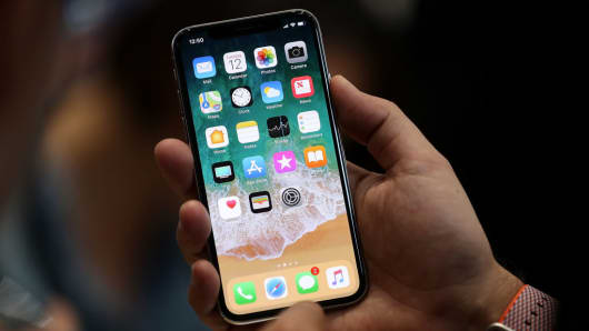 TheiPhoneX is displayed during an Apple special event at the Steve Jobs Theatre on September 12, 2017 in Cupertino, California.