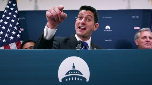 Speaker of the House Paul Ryan (R-WI) talks to reporters following the weekly House Republican Conference meeting at the U.S. Capitol October 24, 2017 in Washington, DC.