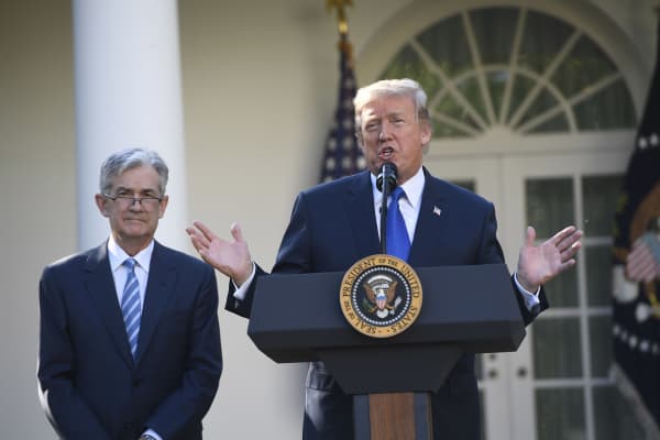 President Donald Trump announces his nominee for Chairman of the Federal Reserve, Jerome Powell (L), in the Rose Garden of the White House in Washington, DC, November 2, 2017.