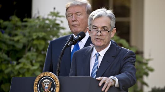 Jerome Powell and President Donald Trump during a nomination announcement in the Rose Garden of the White House in Washington, D.C., U.S., on Thursday, Nov. 2, 2017.