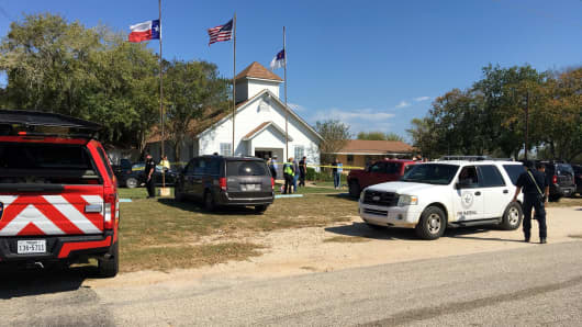 The area around a site of a mass shooting is taped out in Sutherland Springs, Texas, U.S., November 5, 2017