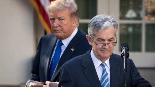 President Donald Trump looks on as his nominee for the chairman of the Federal Reserve Jerome Powell takes to the podium during a press event in the Rose Garden at the White House, November 2, 2017 in Washington, DC.