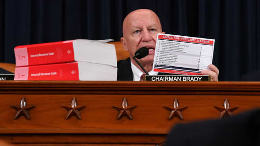 House Ways and Means Committee Chairman Kevin Brady (R-TX) holds up an example of the 'postcard-sized' form he wants people to use when filing their taxes during a markup session of the proposed GOP tax reform legislation in the Longworth House Office Building on Capitol Hill November 6, 2017 in Washington, DC.