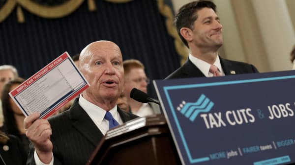 House Ways and Means Chairman Kevin Brady, R-Texas, left, and Speaker Paul Ryan, R-Wisc., joined by members of the House Republican leadership, introduce tax reform legislation Nov. 2, 2017, in Washington, D.C.
