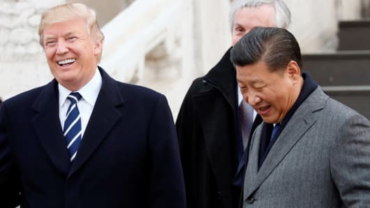 President Donald Trump visits the Forbidden City with China's President Xi Jinping in Beijing on November 8, 2017.