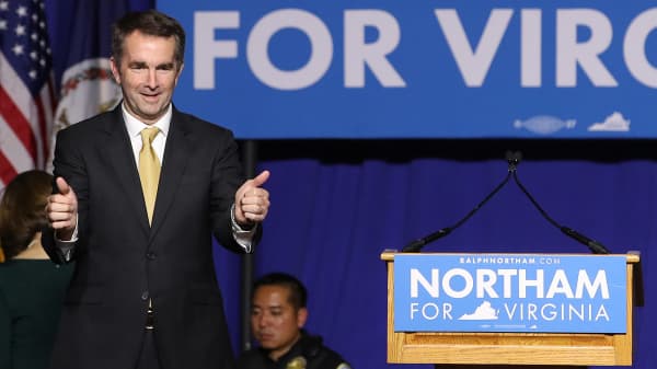 Virginia Gov.-elect Ralph Northam greets supporters at an election night rally November 7, 2017 in Fairfax, Virginia.