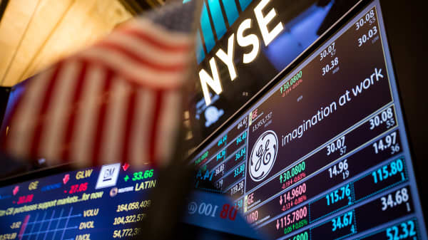 General Electric Co. (GE) signage is displayed on a monitor on the floor of the New York Stock Exchange (NYSE) in New York.