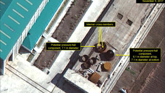Nov. 5, 2017: Close-up of satellite imagery show potential pressure hull components of a ballistic missile submarine in North Korea's Sinpo South Shipyard