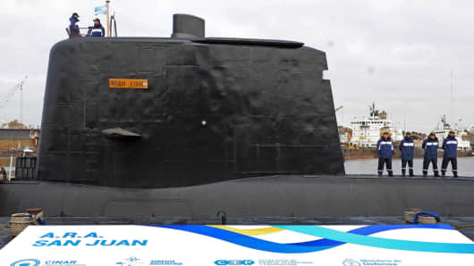 File picture released by Telam showing the ARA San Juan submarine being delivered to the Argentine Navy after being repaired at the Argentine Naval Industrial Complex <b></b>(CINAR<b></b>) in Buenos Aires, on May 23, 2014. The Argentine submarine is still missing in Argentine waters on November 17, 2017, after it lost communication more than 48 hours ago.