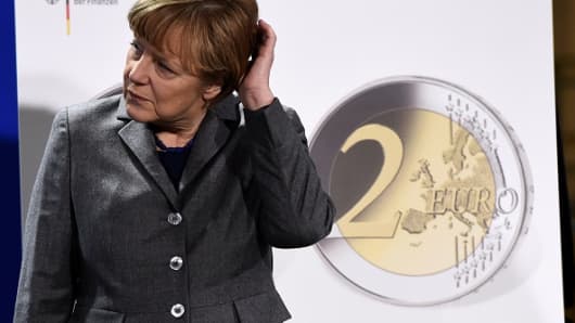 German Chancellor Angela Merkel attends a two-euro-coin presentation in Berlin on January 29, 2015.
