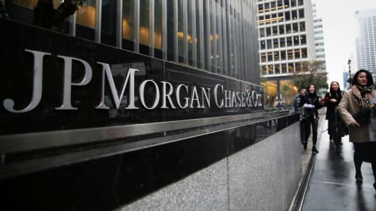 A sign of JP Morgan Chase Bank is seen in front of their headquarters tower in New York.