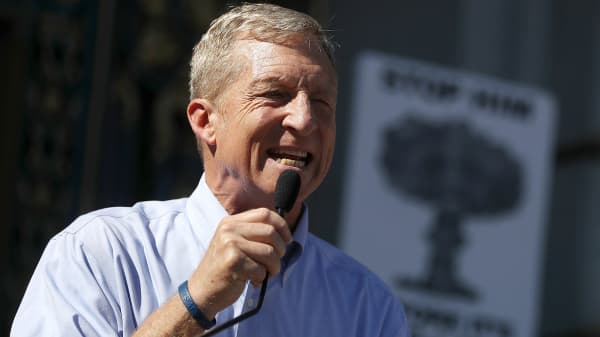 Billionaire Tom Steyer speaks during a rally and press conference at San Francisco City Hall on October 24, 2017 in San Francisco, California.
