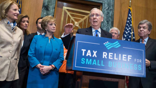 Senate Majority Leader Mitch McConnell, R-Ky., speaks during a news conference in Dirksen Building on the importance of passing the tax reform bill for small businesses on November 30, 2017.