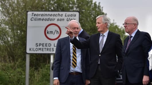 European Chief Brexit Negotiator Michel Barnier visits the Northern Irish border areas with Peter Sheridan of charity Co-operation Ireland in County Lough, March 2017. The issue of the Irish border has emerged as a major obstacle in Brexit negotiations between the EU and UK.