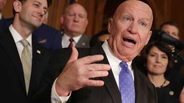 House Ways and Means Committee Chairman Kevin Brady (R-TX) (R) speaks during a news conference with Speaker of the House Paul Ryan (R-WI) and fellow House Republicans following the passage of the Tax Cuts and Jobs Act in the Rayburn Room at the U.S. Capitol November 16, 2017 in Washington, DC.