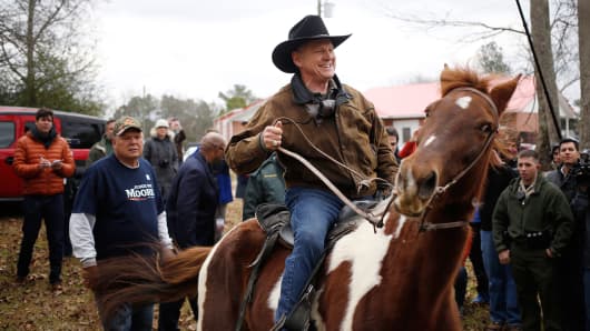 Roy Moore, Republican candidate for U.S. Senate from Alabama, departs on horseback after casting his ballot at a polling location in Gallant, Alabama, U.S., on Tuesday, Dec. 12, 2017.
