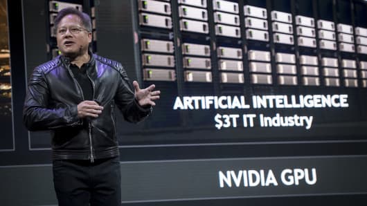 Jen-Hsun Huang, president and chief executive officer of Nvidia Corp., speaks during an event at the 2018 Consumer Electronics Show (CES) in Las Vegas, Nevada, U.S., on Sunday, Jan. 7, 2018.